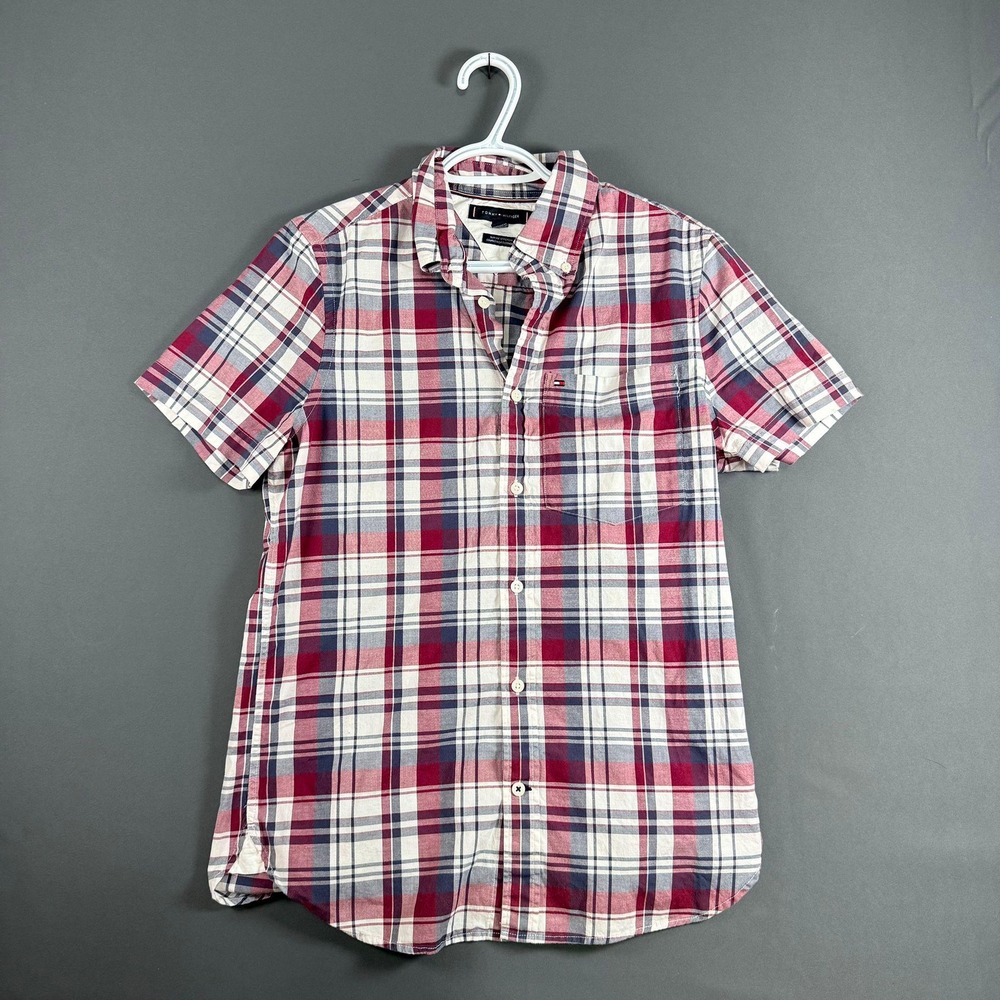 TOMMY HILFIGER Plaid Short Sleeve Polo Shirt Red White Blue Small S